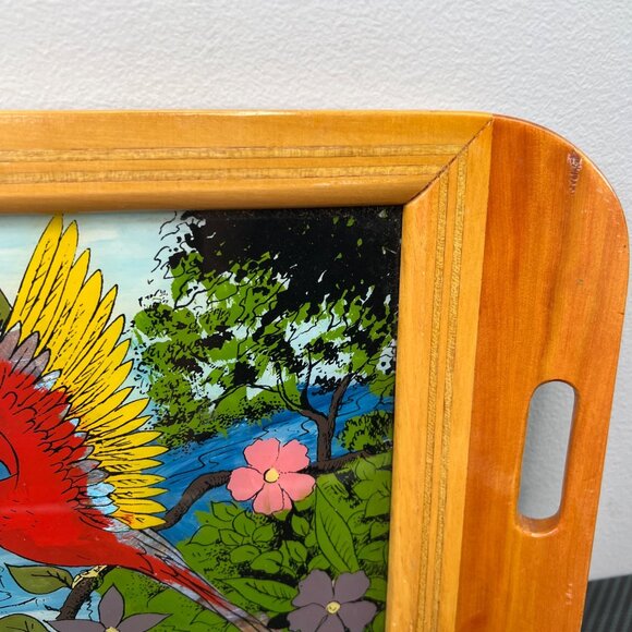 VTG Brazil Wood Glass Serving Tray Hand-Painted Parrot Scene Tropical Iridescent - Picture 6 of 11
